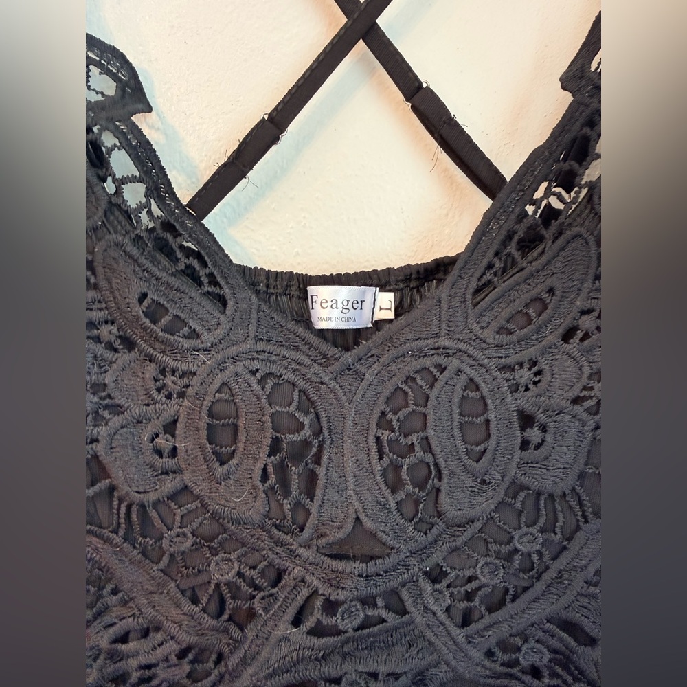 Woman’s Amazon Black Lace Top Boho Dress L - Picture 4 of 6